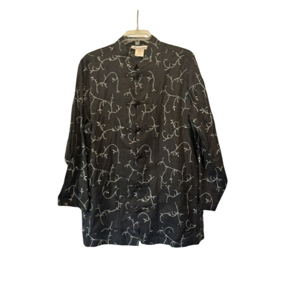 Silhouettes 100% Linen Tunic Jacket Black Embroidered Asian Frog Closure XL